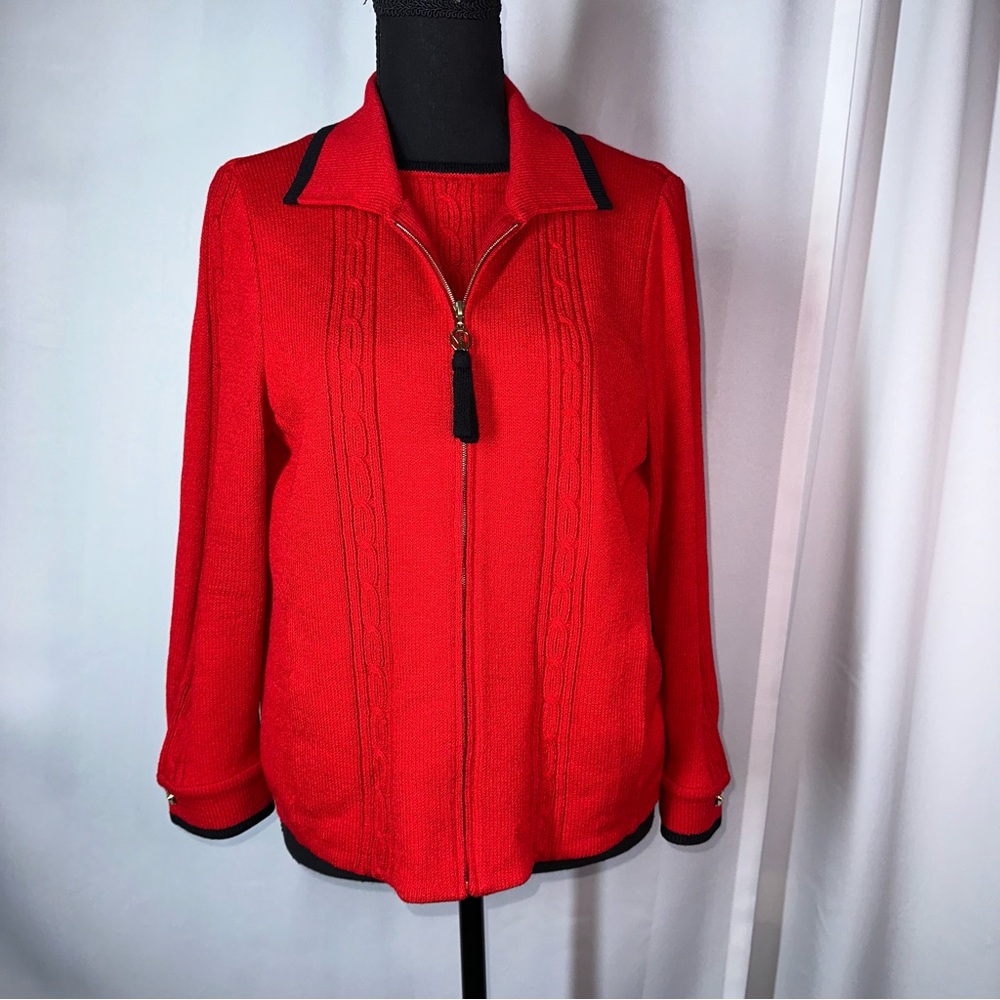 VTG St John Sport Twin Set Cardigan Tank Zip Santana Knit‎ Classic Red Sz M READ